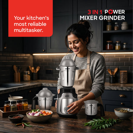 Sanford Mighty Mix 3-In-1 Power Mixer Grinder – lifestyle shot of woman cooking in kitchen with the mixer grinder