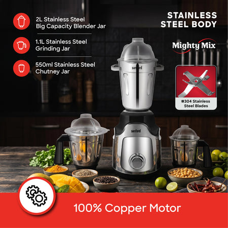 Sanford Mighty Mix 3-In-1 Power Mixer Grinder – 100% copper motor and stainless steel jars feature callouts