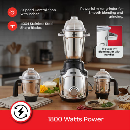 Sanford Mighty Mix 3-In-1 Power Mixer Grinder – 1800 watts power callout with mixer grinder and jars on kitchen counter