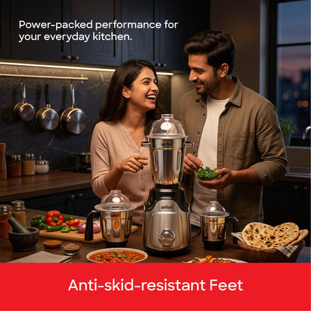 Sanford Mighty Mix 3-In-1 Power Mixer Grinder – anti-skid resistant feet callout with couple cooking in kitchen