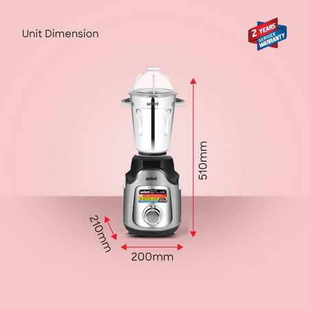 Sanford Mighty Mix 3-In-1 Power Mixer Grinder – unit dimensions on pink background