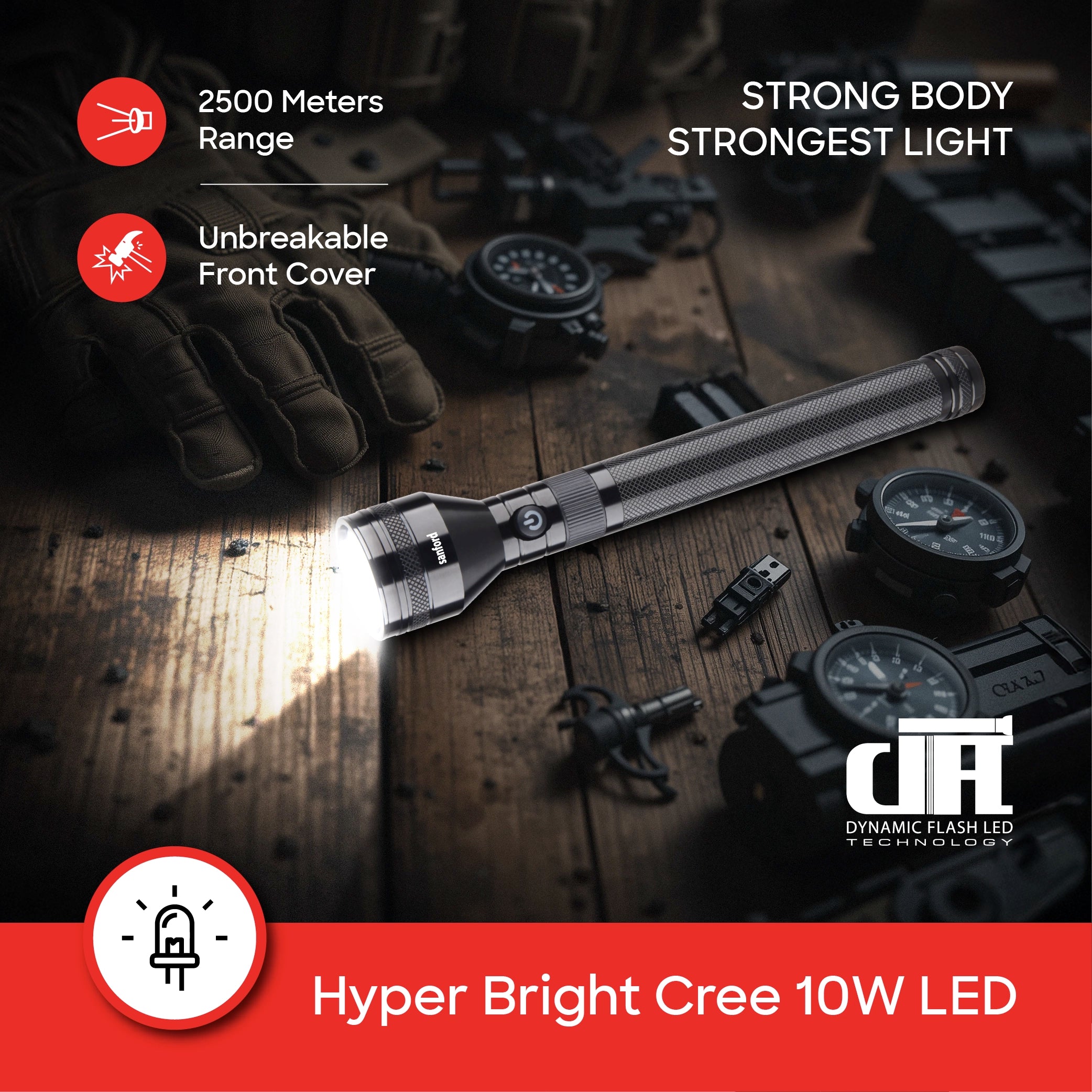 10W CREE LED flashlight rechargeable aluminum body long range torch sanford 4