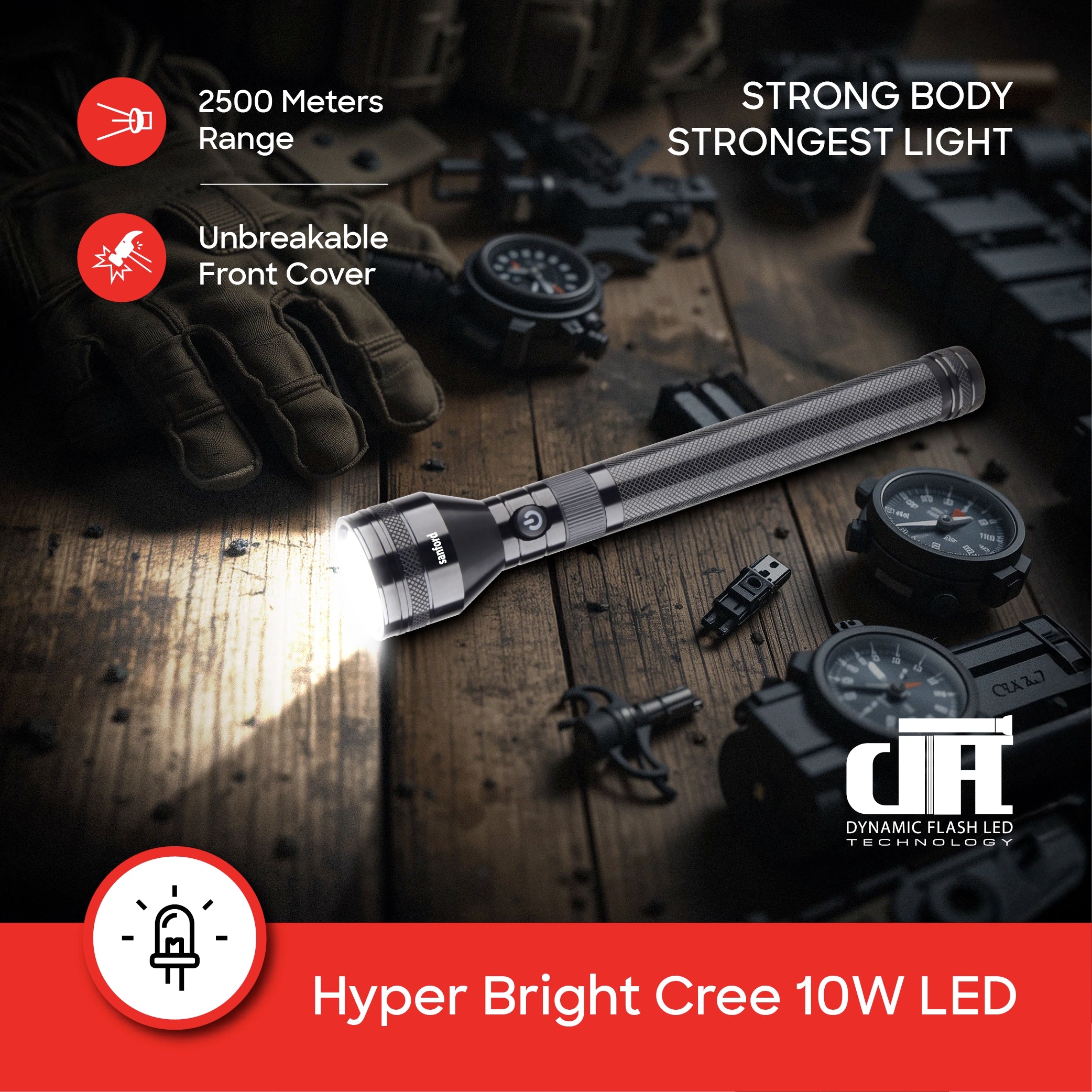 10W hyper bright CREE LED flashlight rechargeable aluminum alloy body sanford 4