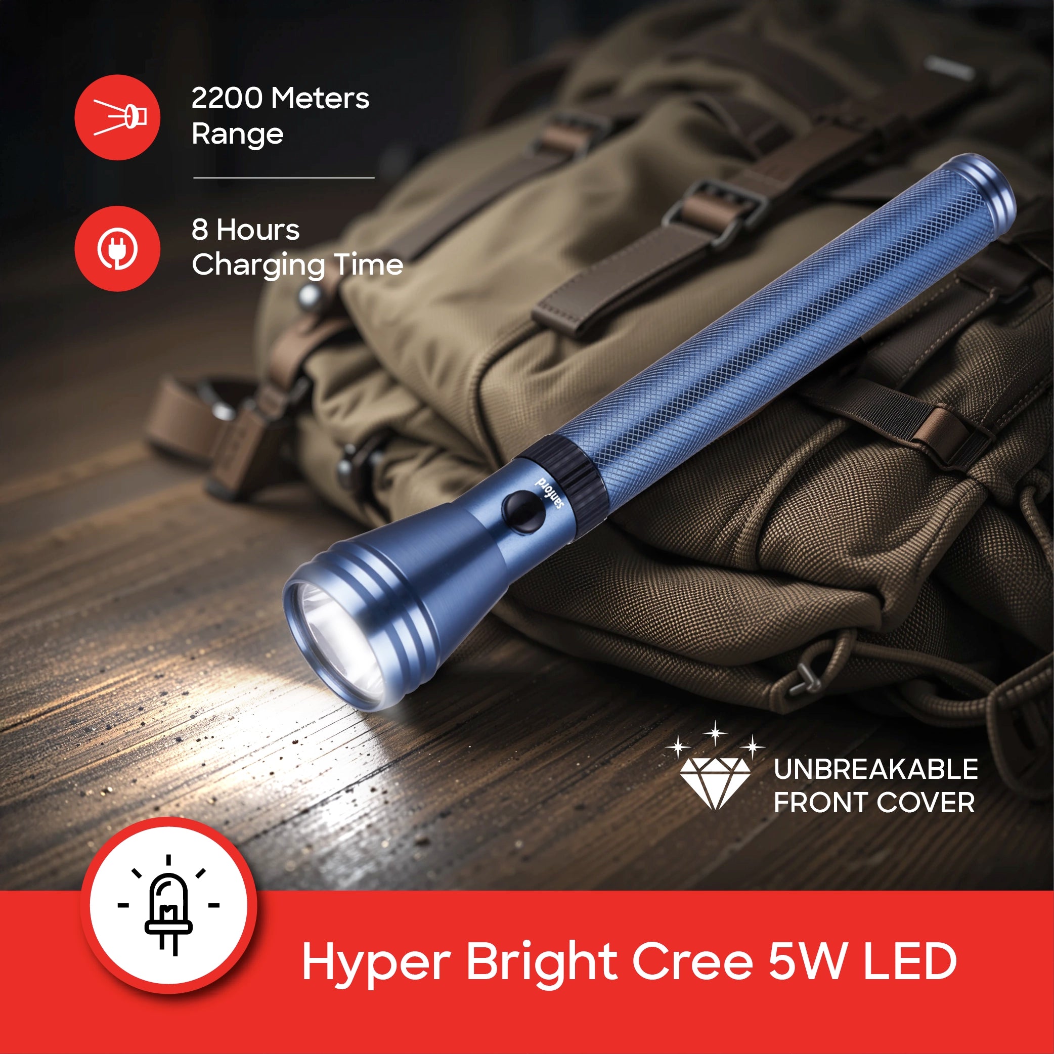 Shop Sanford 5W CREE LED Flashlight | 2200m Range | 580 Lumens | 5000mAh Battery | Rugged & Rechargeable in UAE
