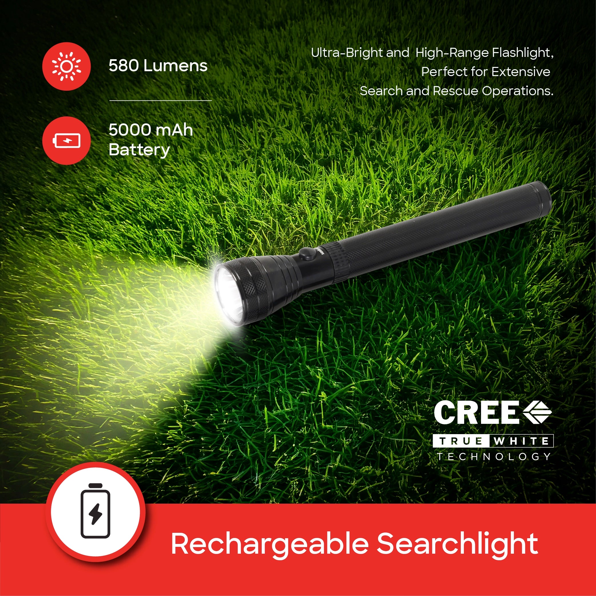 Sanford 5W CREE LED Rechargeable Flashlight | 580 Lumens | 2200m Range | 5000mAh Battery