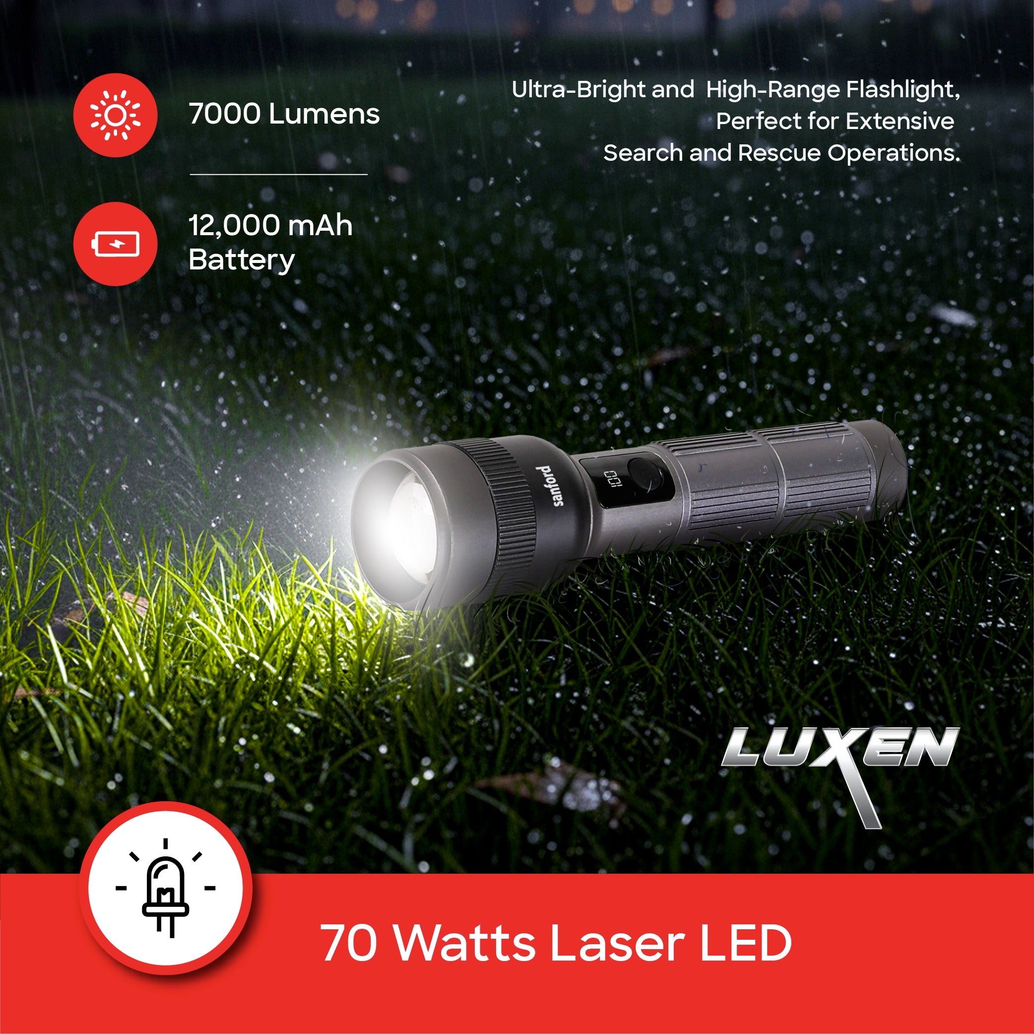 rechargeable flashlight torch zoom 5 mode laser led 7000 lumens 70W sanford 3
