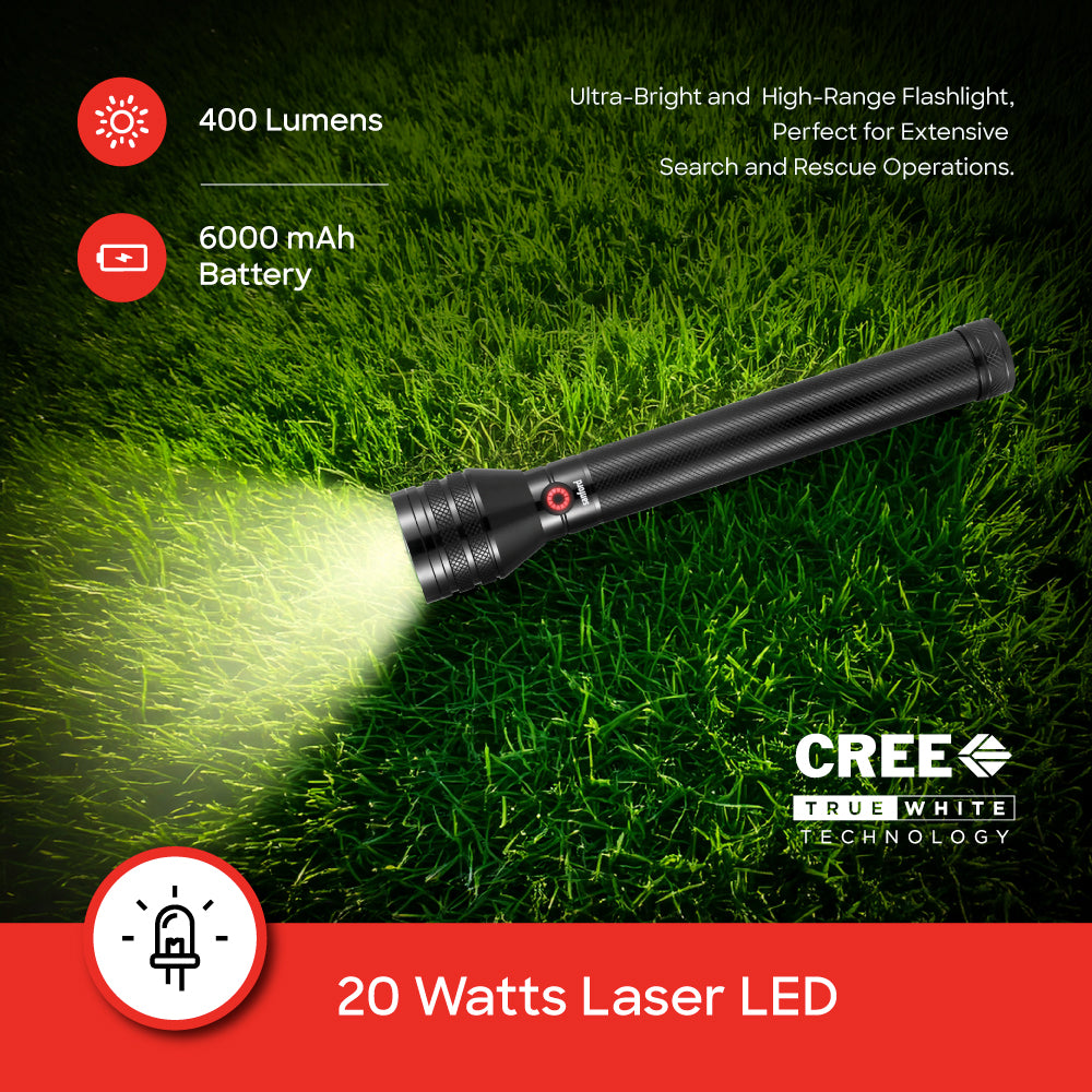 anford 20W Laser LED Flashlight | 400 Lumens | 2500m Range | Zoom | 6000mAh Rechargeable Battery | Aluminum Body - buysanford