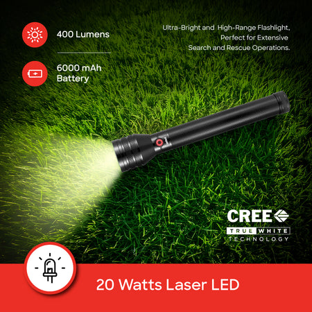 anford 20W Laser LED Flashlight | 400 Lumens | 2500m Range | Zoom | 6000mAh Rechargeable Battery | Aluminum Body - buysanford