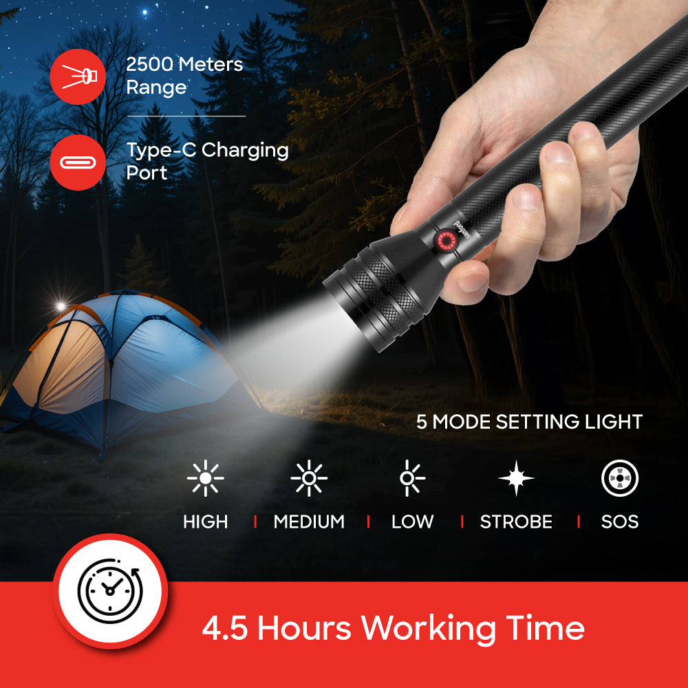 anford 20W Laser LED Flashlight | 400 Lumens | 2500m Range | Zoom | 6000mAh Rechargeable Battery | Aluminum Body - buysanford