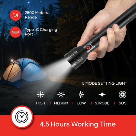 anford 20W Laser LED Flashlight | 400 Lumens | 2500m Range | Zoom | 6000mAh Rechargeable Battery | Aluminum Body - buysanford