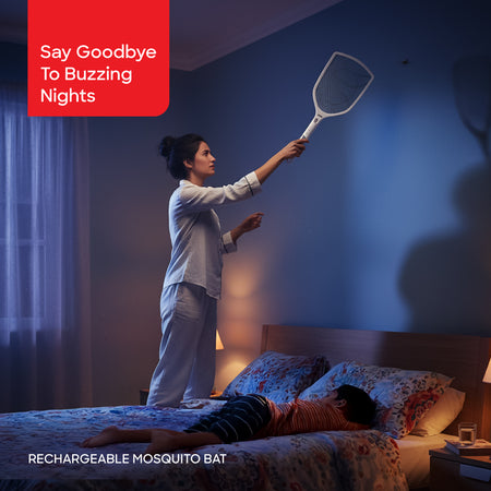 Sanford electric mosquito racket showing mesh grid and ergonomic handle design