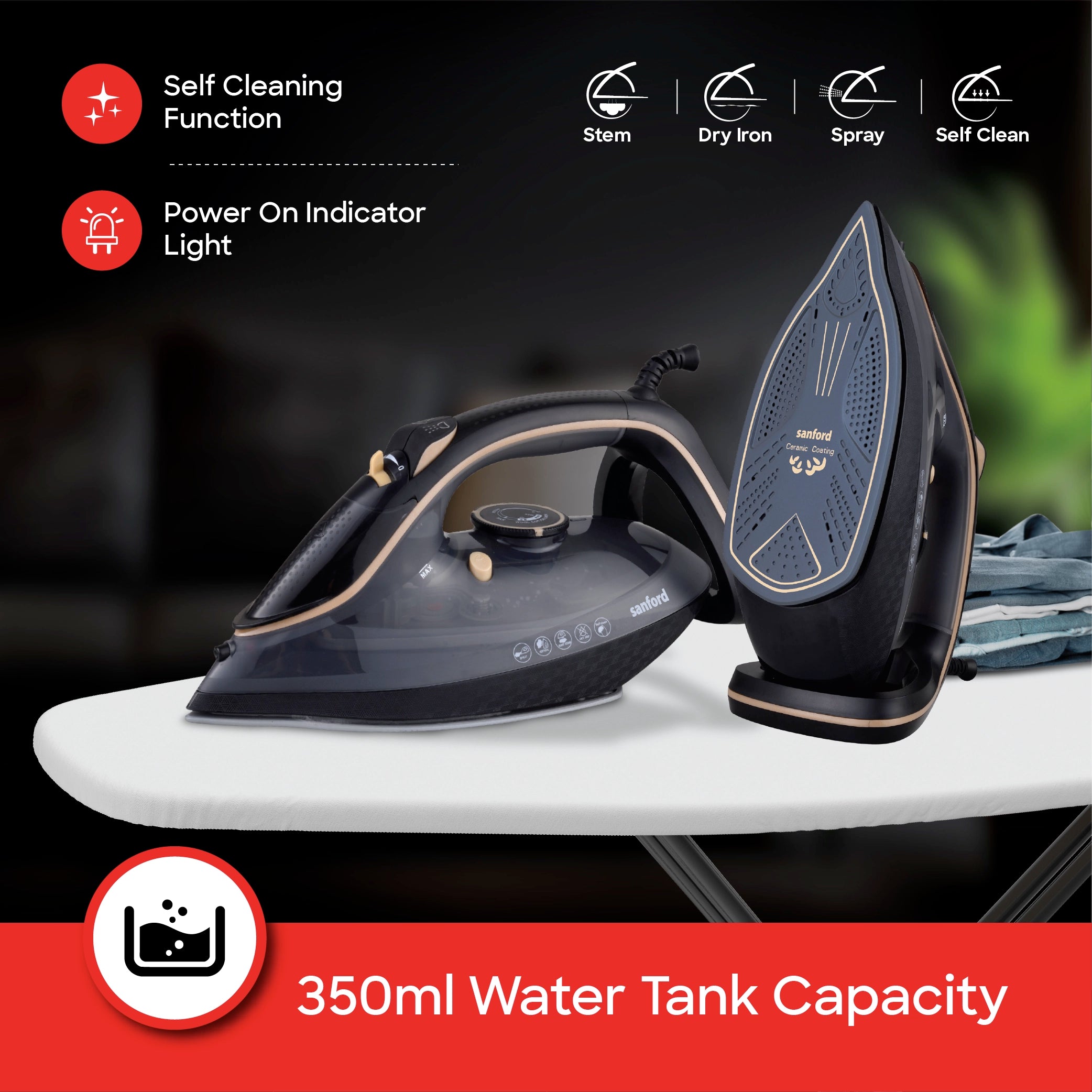 3500W steam iron ceramic soleplate spray burst self cleaning sanford 4