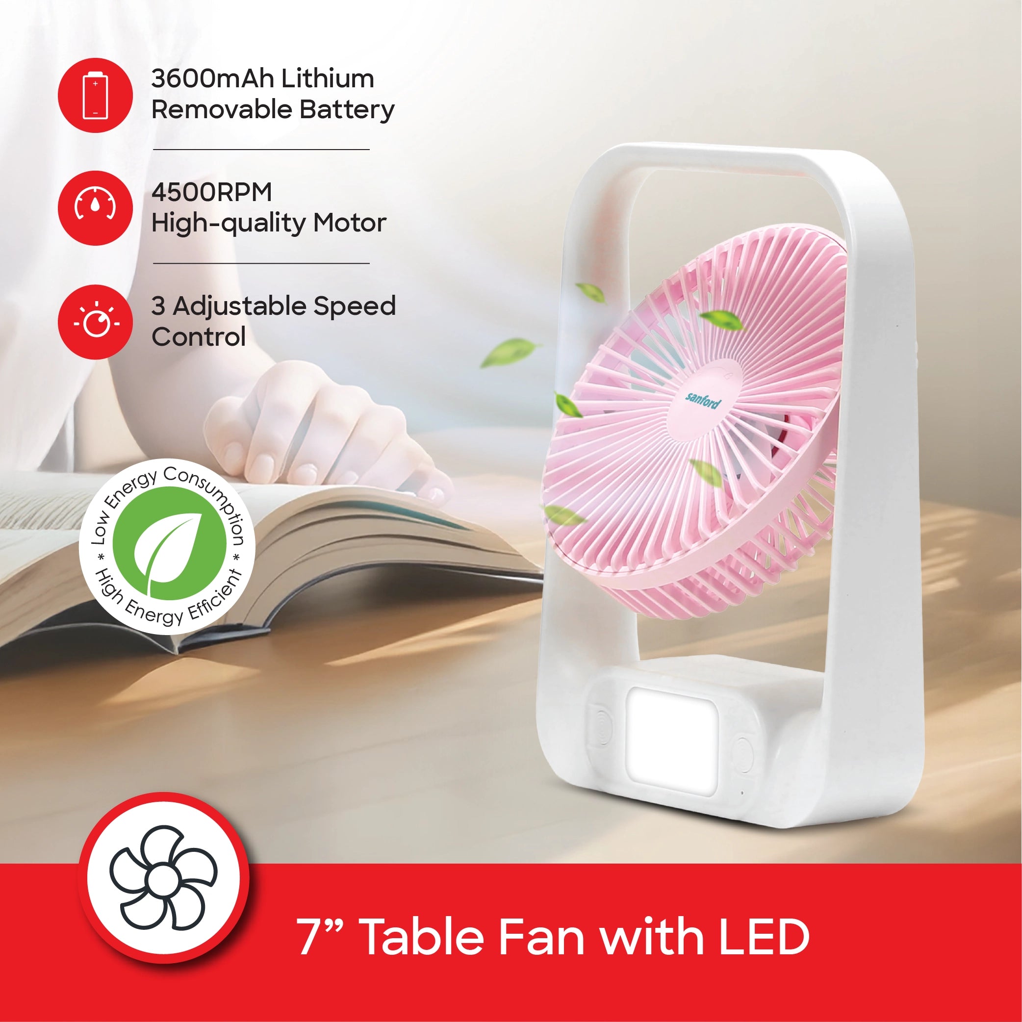 rechargeable table fan dual color led 3600mah battery type c charging sanford 3