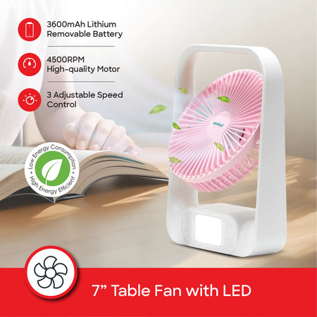 rechargeable table fan dual color led 3600mah battery type c charging sanford 3
