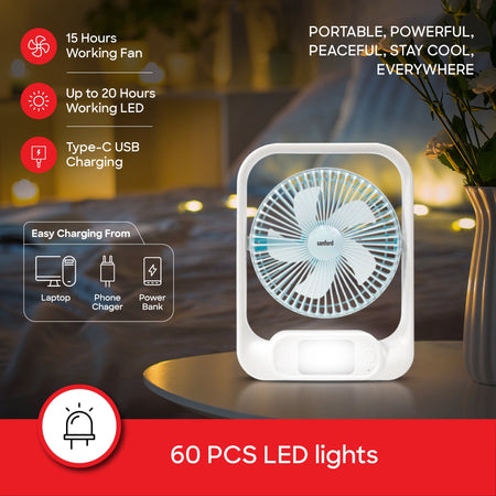rechargeable table fan dual color led 3600mah battery type c charging sanford 4