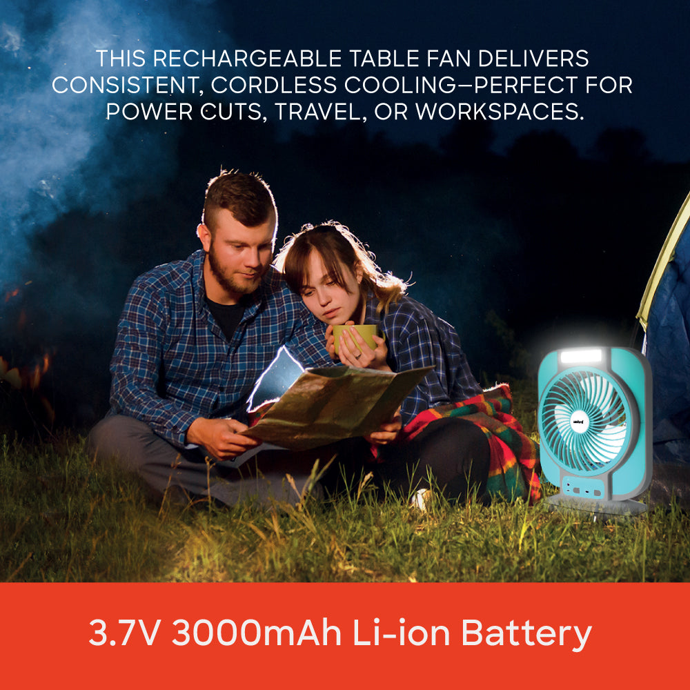 Sanford  Rechargeable Table Fan | 3-Speed | 8 LED Emergency Light | 3000mAh Battery | Type-C USB Charging | Portable & Compact - buysanford