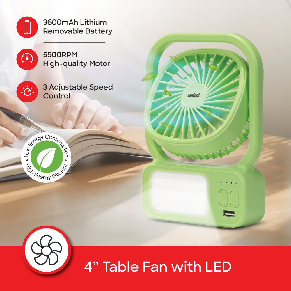 Sanford 4-Inch Rechargeable Table Fan with LED Light | SF6658RTF - buysanford