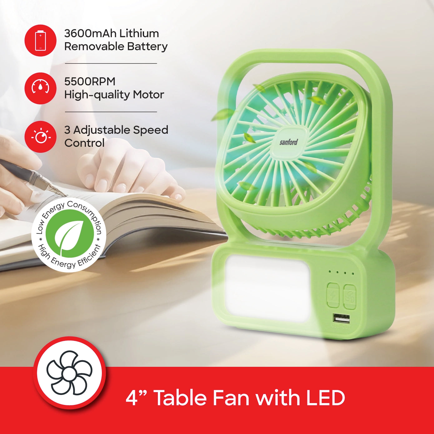 Sanford Rechargeable Fan SF6658RTF - 3 Speed Control with Tilt Head Design - Perfect for UAE Power Cuts
