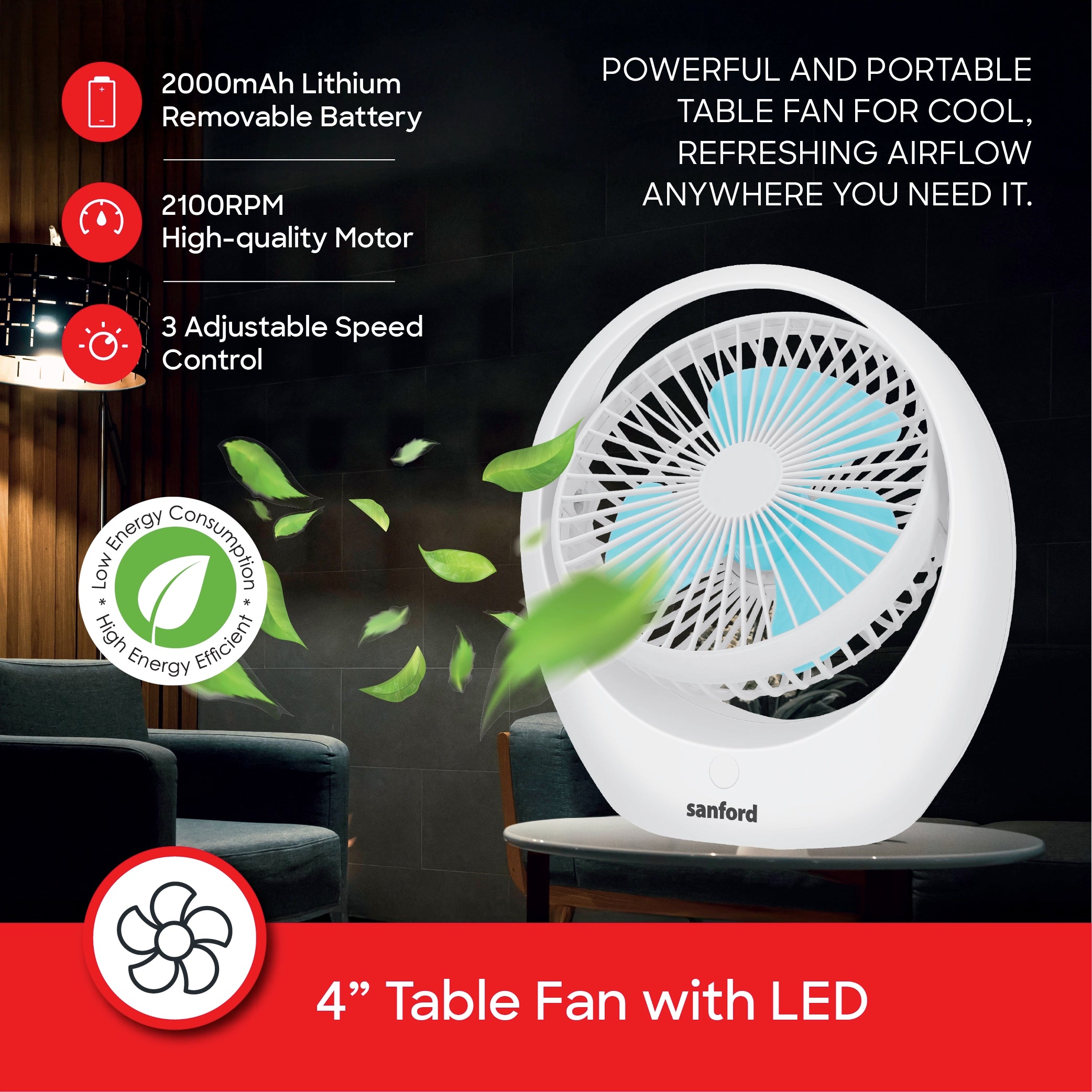 rechargeable fan 2000mah battery 3 speed portable sanford 3