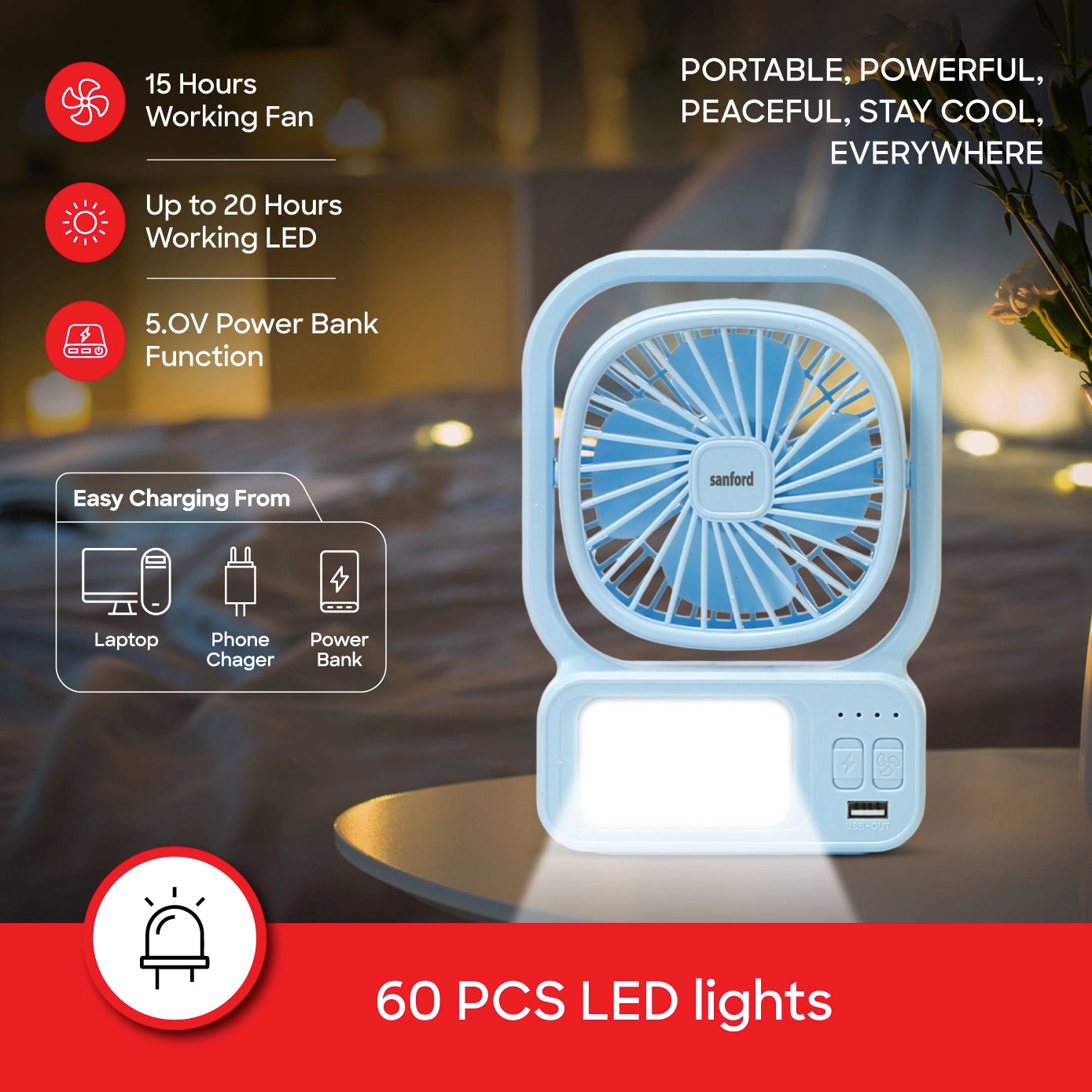 SF6658RTF USB Charging Fan - 5500RPM Motor with Power Bank Function - Product Features UAE