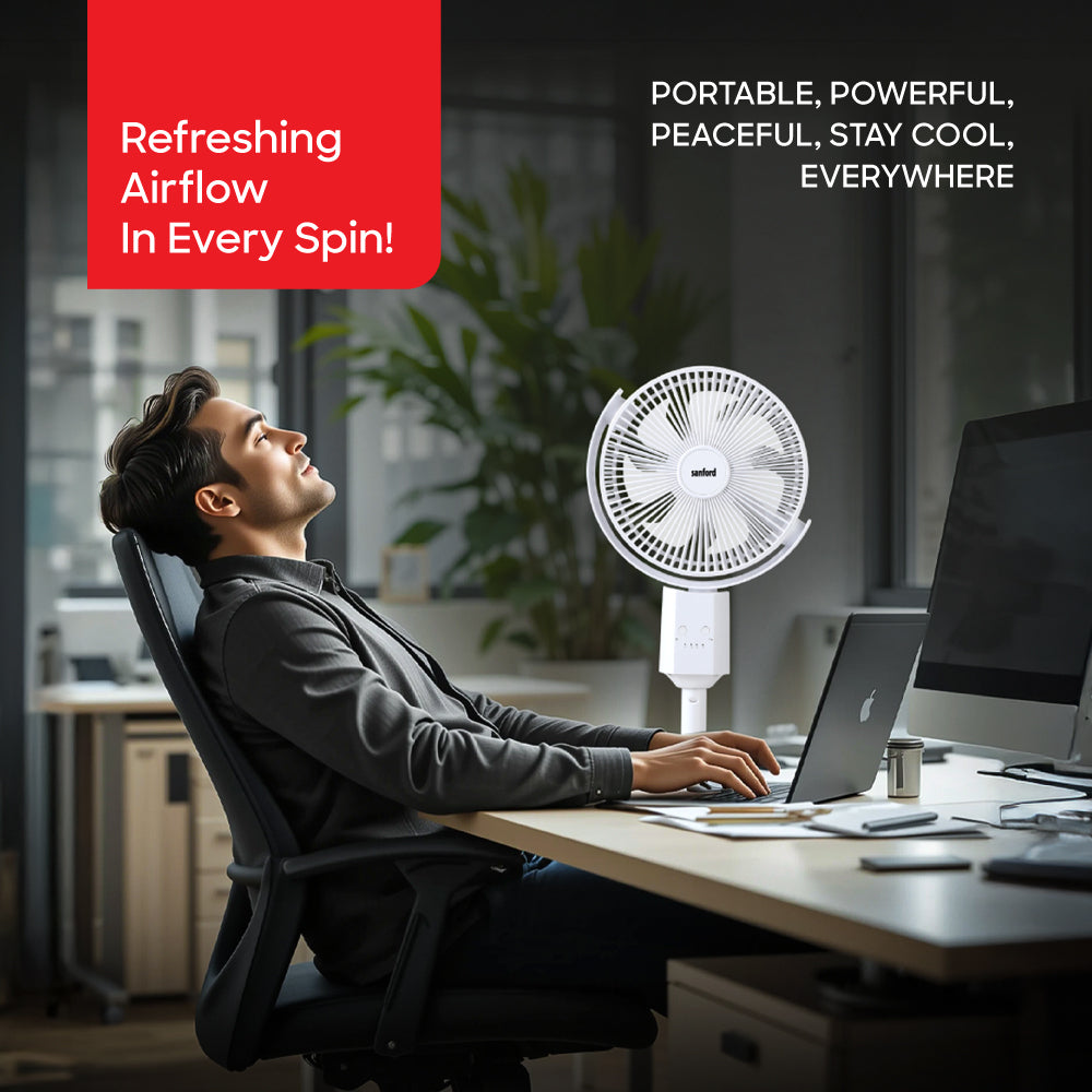 Sanford Rechargeable Oscillating Fan | 4 Speeds | Tilt & Height Adjustable | 10H Runtime | Type-C Fast Charging | 4500mAh Battery - buysanford