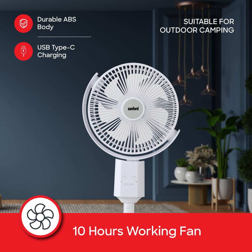 Sanford Rechargeable Oscillating Fan | 4 Speeds | Tilt & Height Adjustable | 10H Runtime | Type-C Fast Charging | 4500mAh Battery - buysanford