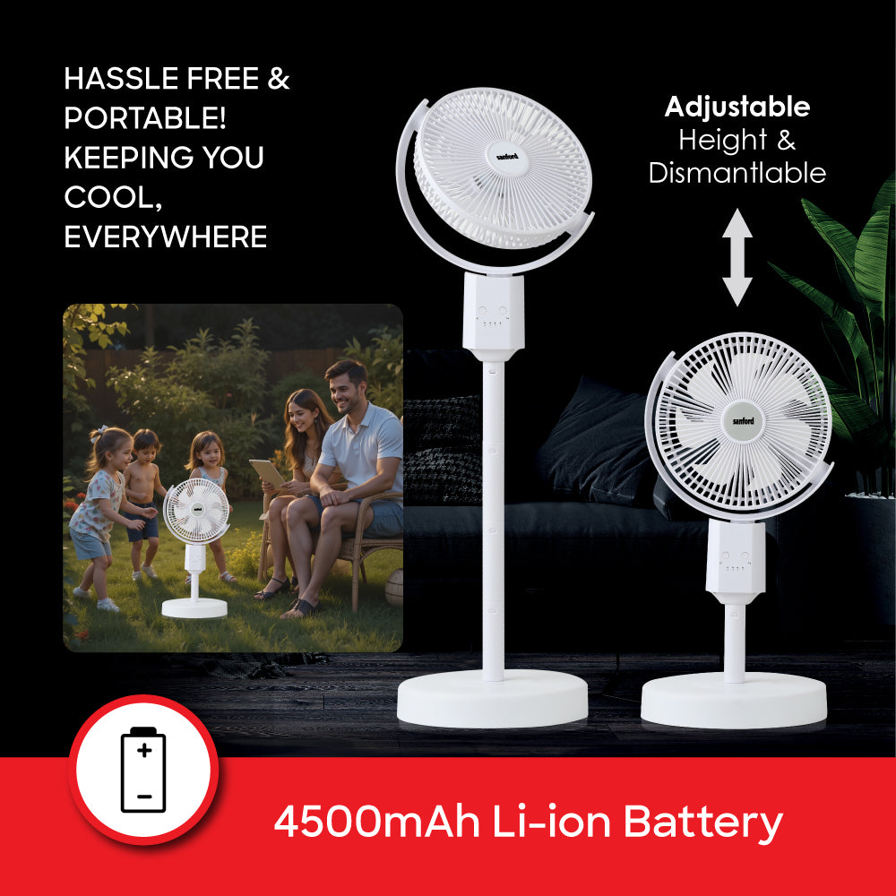 Sanford Rechargeable Oscillating Fan | 4 Speeds | Tilt & Height Adjustable | 10H Runtime | Type-C Fast Charging | 4500mAh Battery - buysanford