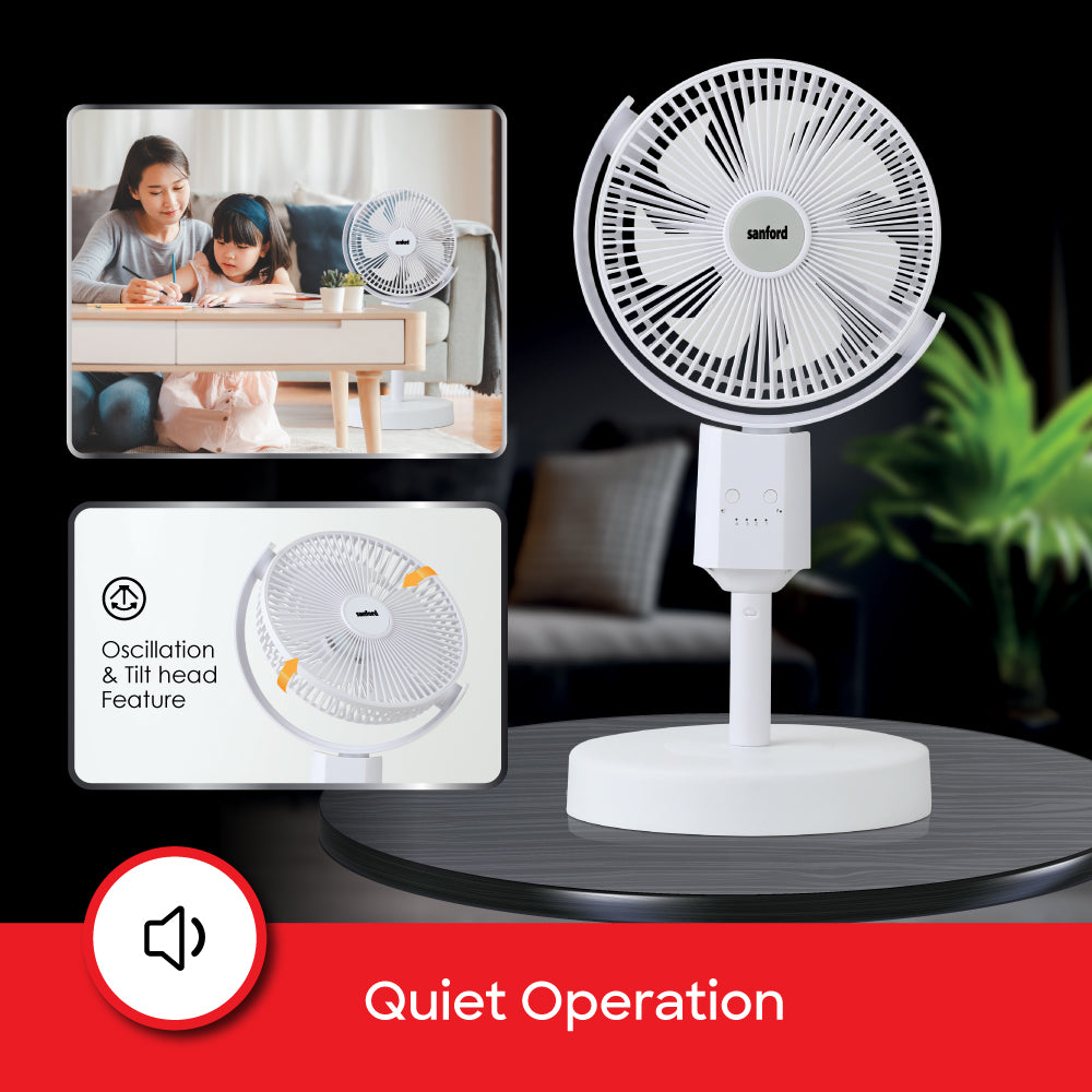 Sanford Rechargeable Oscillating Fan | 4 Speeds | Tilt & Height Adjustable | 10H Runtime | Type-C Fast Charging | 4500mAh Battery - buysanford