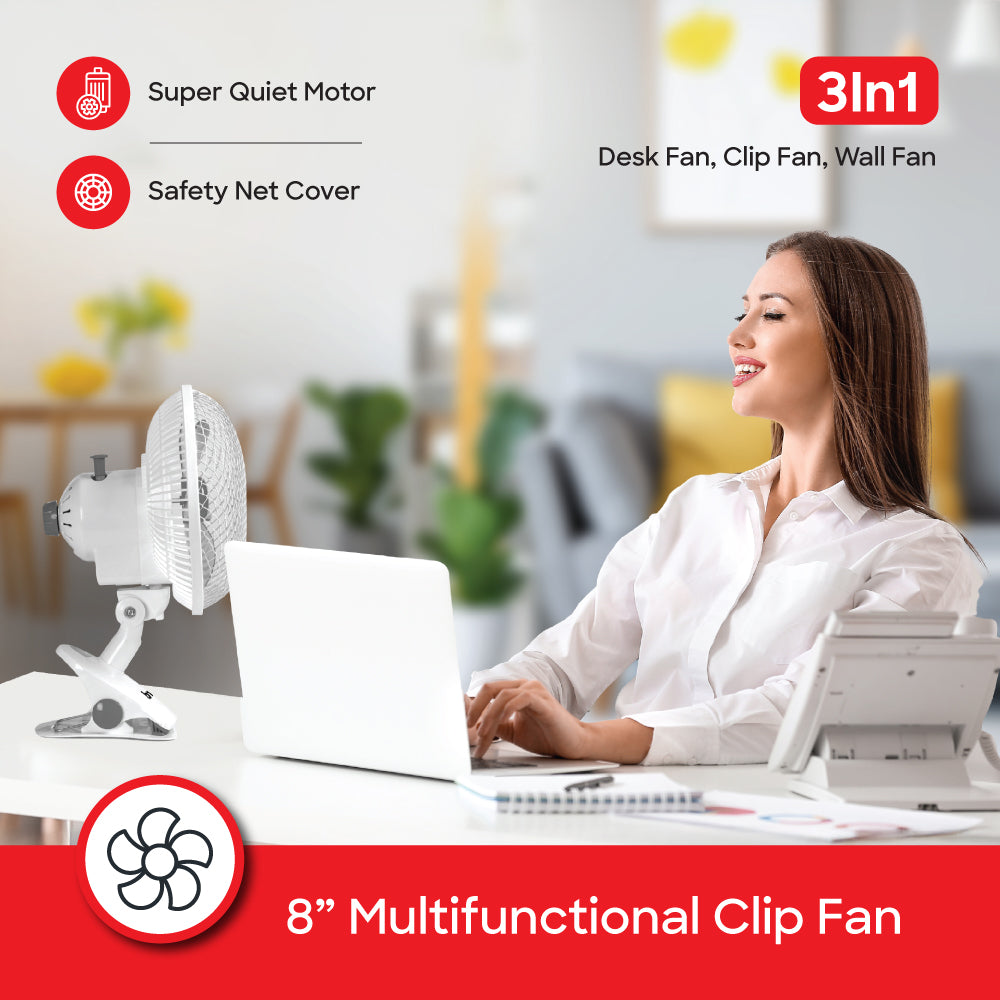 Sanford 3-in-1 Fan | Desk, Clip & Wall Mount | 360° Rotation | 2-Speed Silent Motor | 45W Power | Safety Net Cover - buysanford