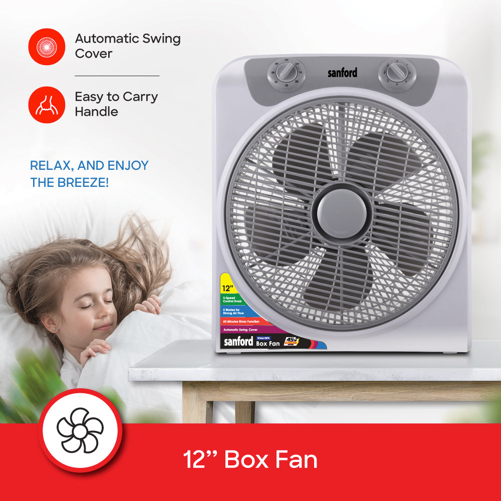 Sanford 12” Compact Fan | 5-Blade Design | 3-Speed Control | 120-Min Timer | Auto-Swing | 45W Energy Efficient - buysanford