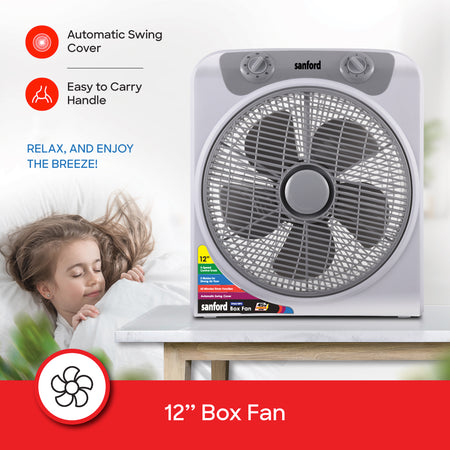 Sanford 12” Compact Fan | 5-Blade Design | 3-Speed Control | 120-Min Timer | Auto-Swing | 45W Energy Efficient - buysanford