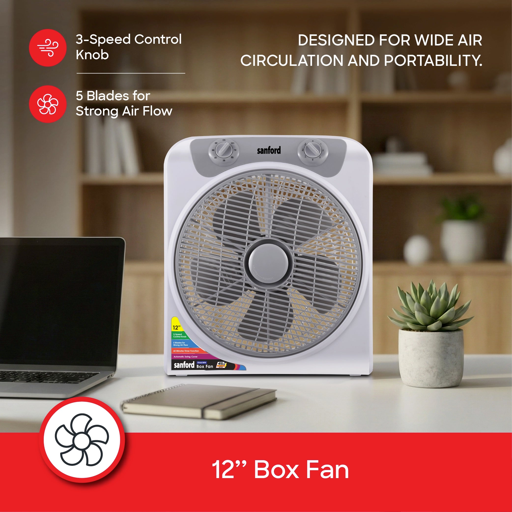 Sanford SF6661BFN 12-inch Box Fan – 3-speed knob and portable slotted design callout