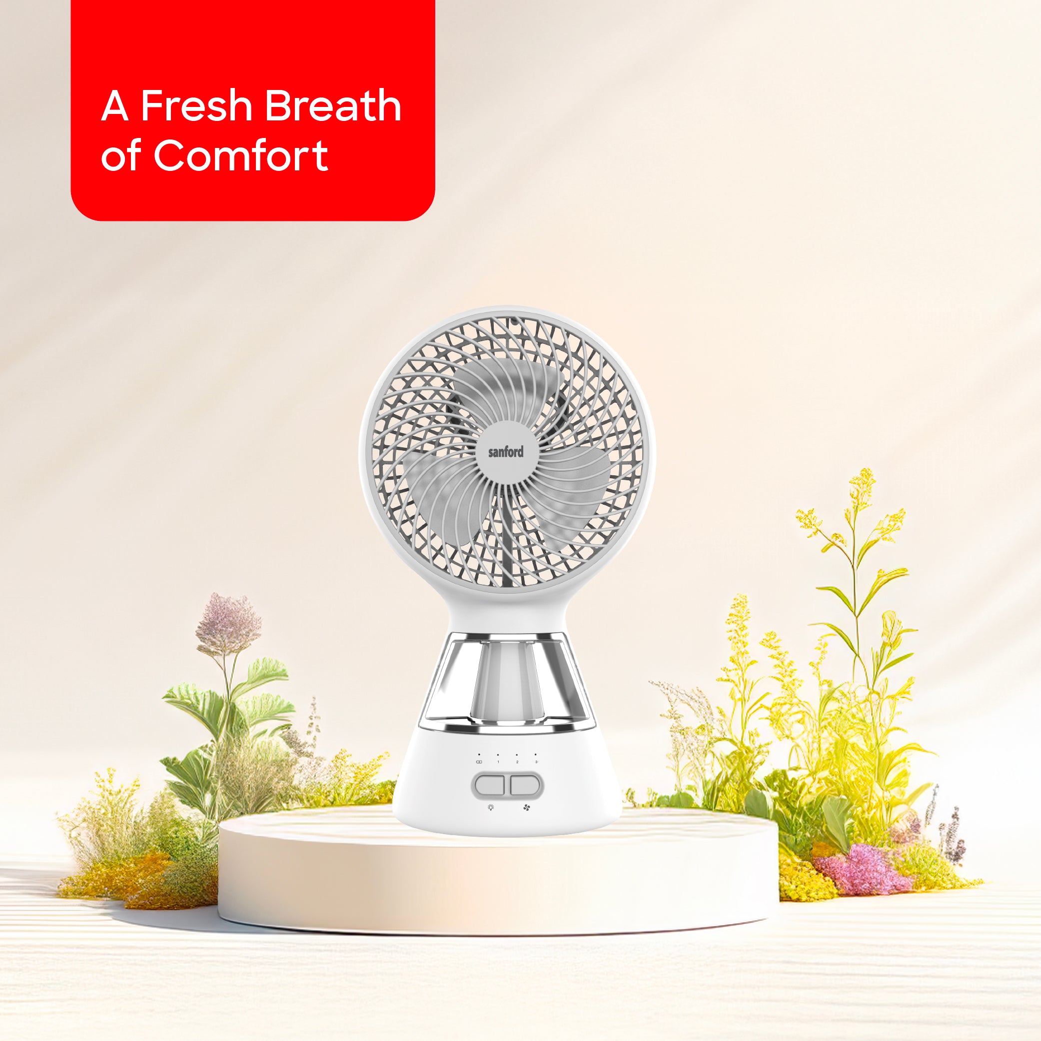 Sanford 6-Inch Rechargeable Table Fan with 12 SMD LED Lights | 3-Speed Control | 1500mAh Battery | 5H Fan Runtime | 8H LED Runtime | USB Charging | Compact & Portable - buysanford