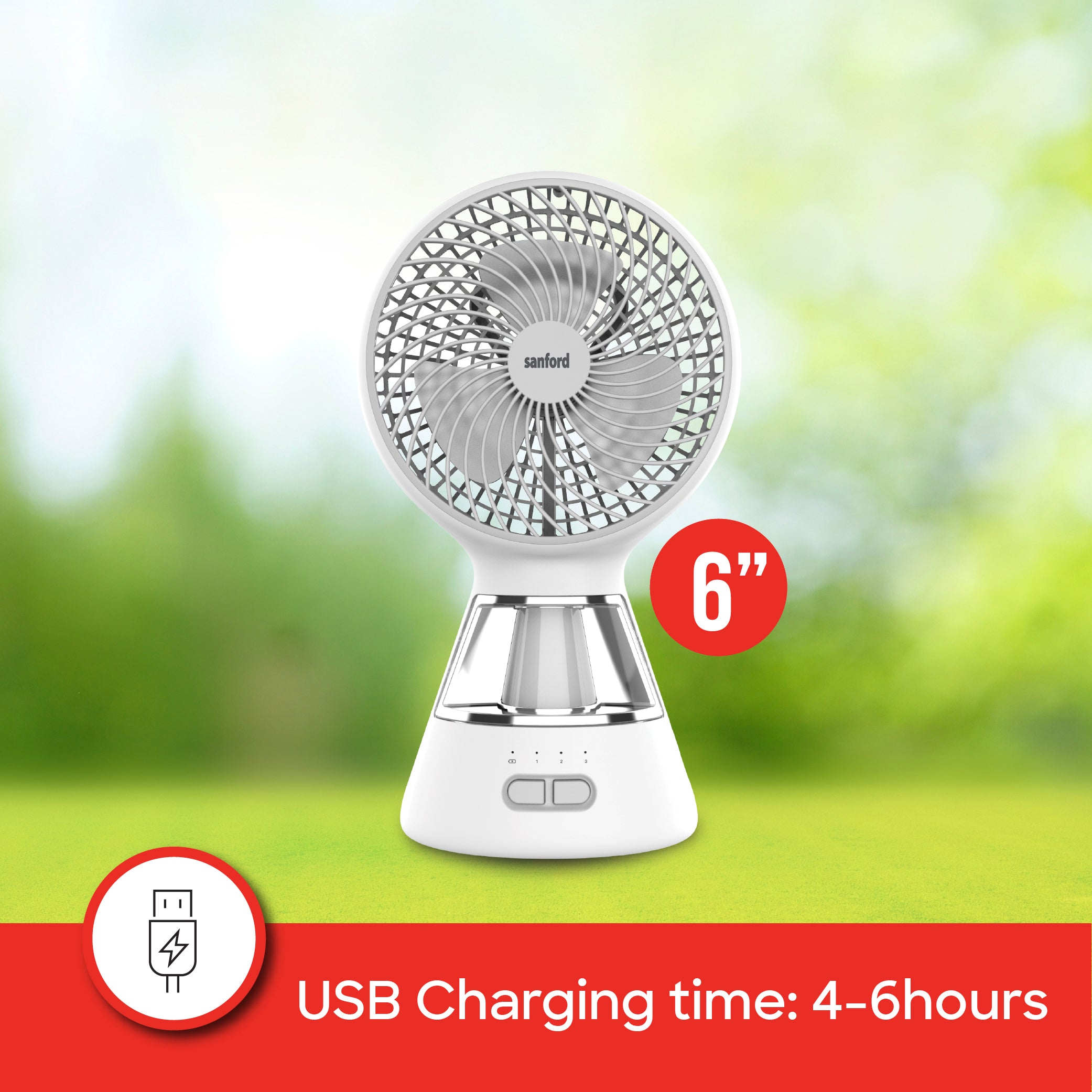 Sanford 6-Inch Rechargeable Table Fan with 12 SMD LED Lights | 3-Speed Control | 1500mAh Battery | 5H Fan Runtime | 8H LED Runtime | USB Charging | Compact & Portable - buysanford