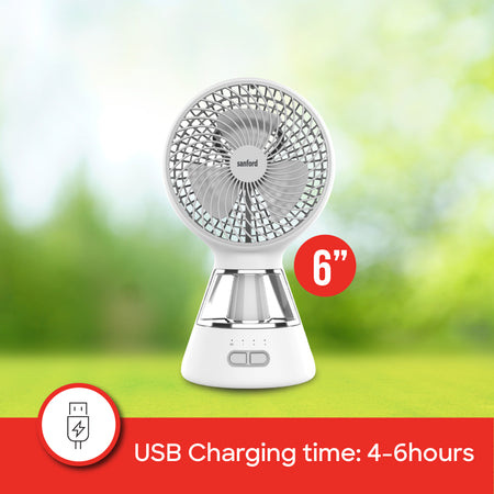 Sanford 6-Inch Rechargeable Table Fan with 12 SMD LED Lights | 3-Speed Control | 1500mAh Battery | 5H Fan Runtime | 8H LED Runtime | USB Charging | Compact & Portable - buysanford