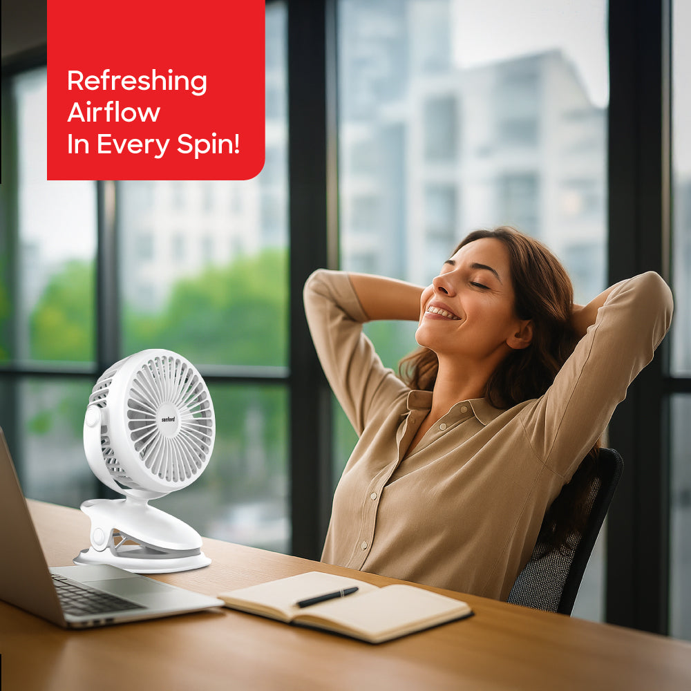 Sanford 360° Clip-On Rechargeable Fan | 3-Speed | 2000mAh Battery | USB Charging | Compact & Adjustable | 5H Runtime | Energy Efficient - buysanford