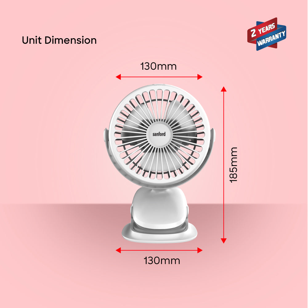 Sanford 360° Clip-On Rechargeable Fan | 3-Speed | 2000mAh Battery | USB Charging | Compact & Adjustable | 5H Runtime | Energy Efficient - buysanford