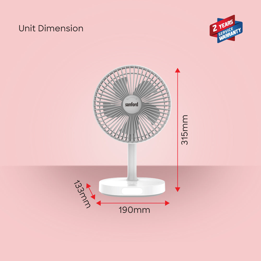 Sanford Portable USB Rechargeable Fan with LED Light | 3-Speed | 4600mAh Battery | 14H Fan + 50H Light | Micro-USB Charging | Silent Operation - buysanford