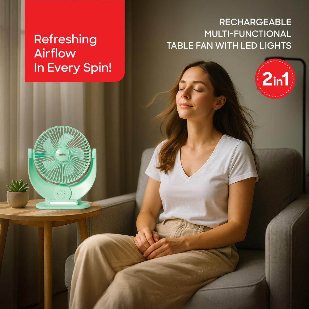 Sanford 7-Inch Rechargeable Table Fan with 3600mAh Battery and LED | SF6669MFN - buysanford