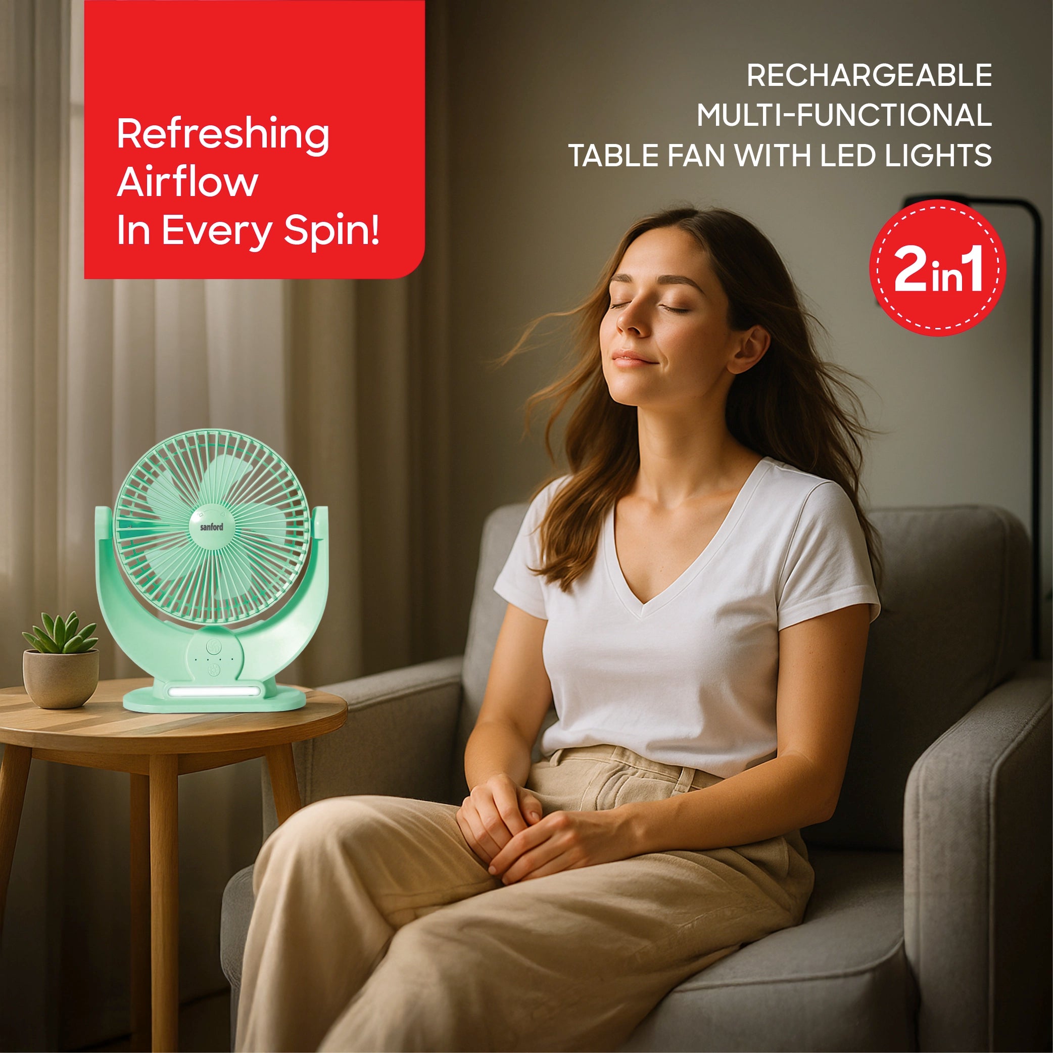 7 inch rechargeable table fan 3600mah battery led sanford 2