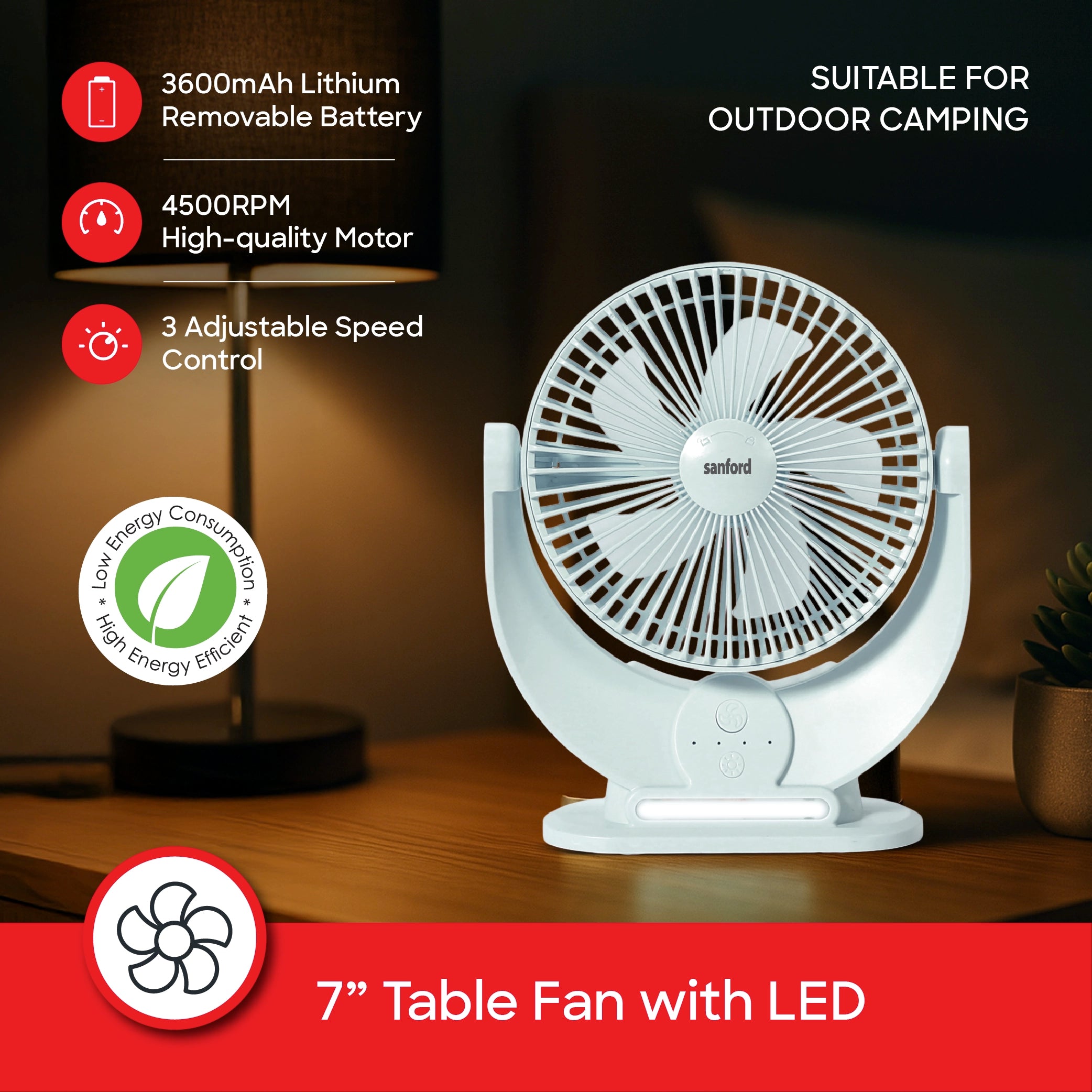 7 inch rechargeable table fan 3600mah battery led sanford 3