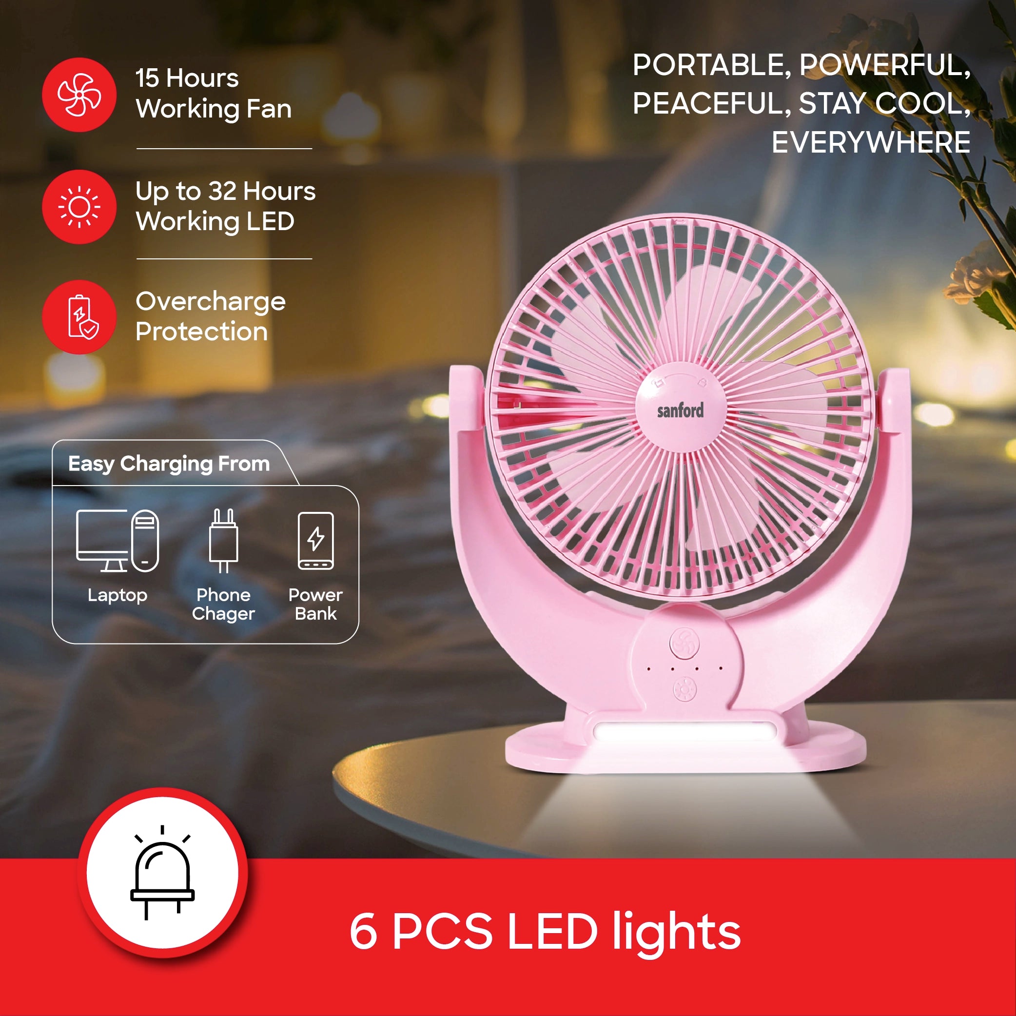 7 inch rechargeable table fan 3600mah battery led sanford 4