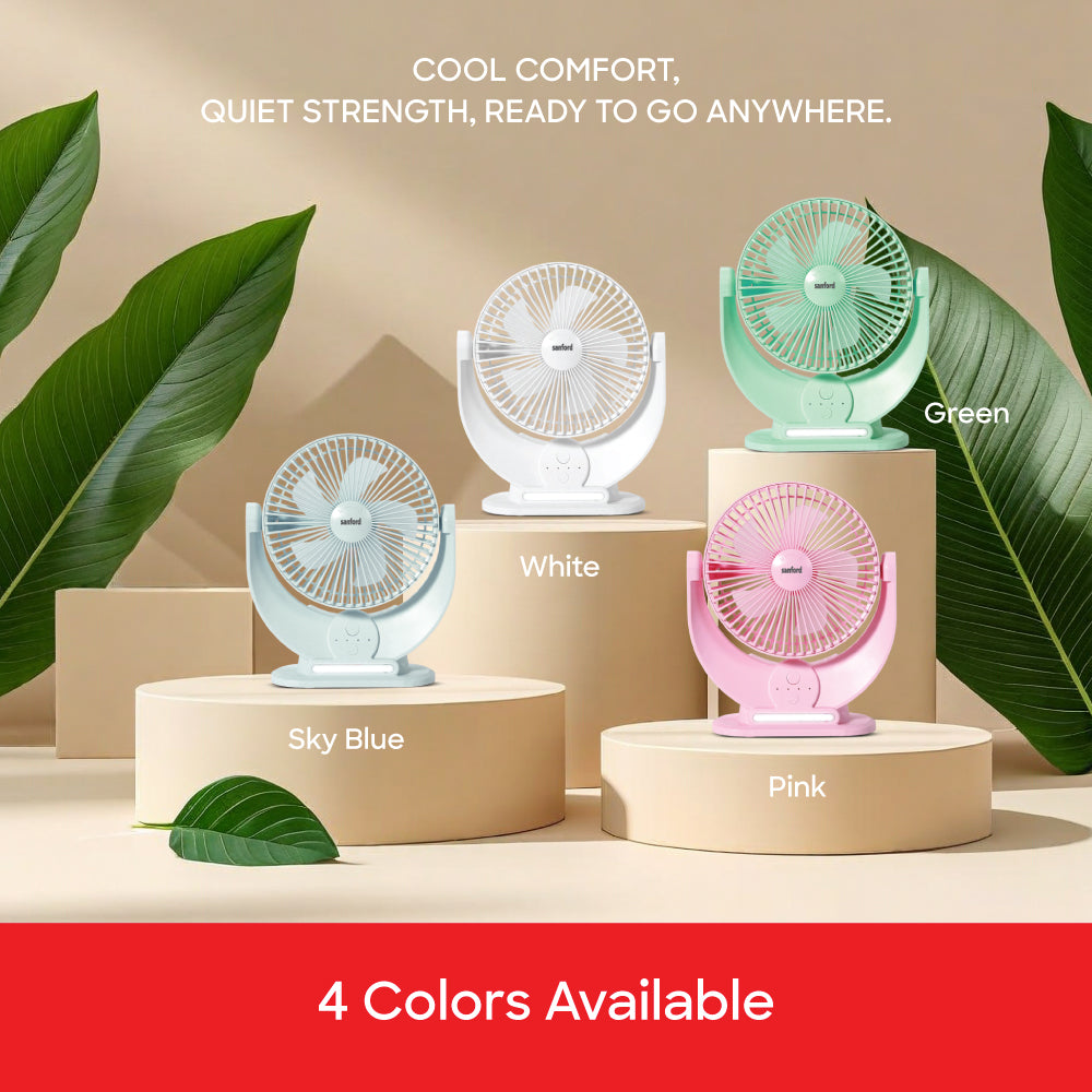 Sanford 7-Inch Rechargeable Table Fan with 3600mAh Battery and LED | SF6669MFN - buysanford