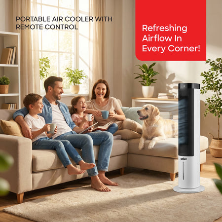 Sanford Portable Air Cooler 40 Inch 3 Speed & Oscillation SF6700TRF – lifestyle shot of family relaxing in living room with refreshing airflow in every corner