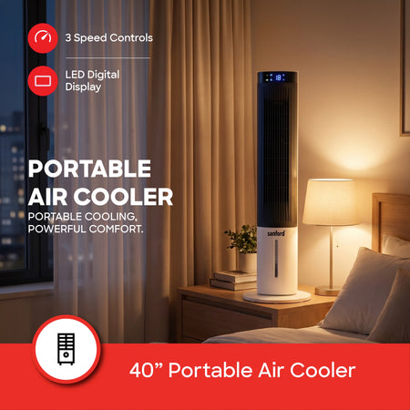 Sanford Portable Air Cooler 40 Inch 3 Speed & Oscillation SF6700TRF – 40 inch portable air cooler with multi-speed control and night light feature in bedroom setting