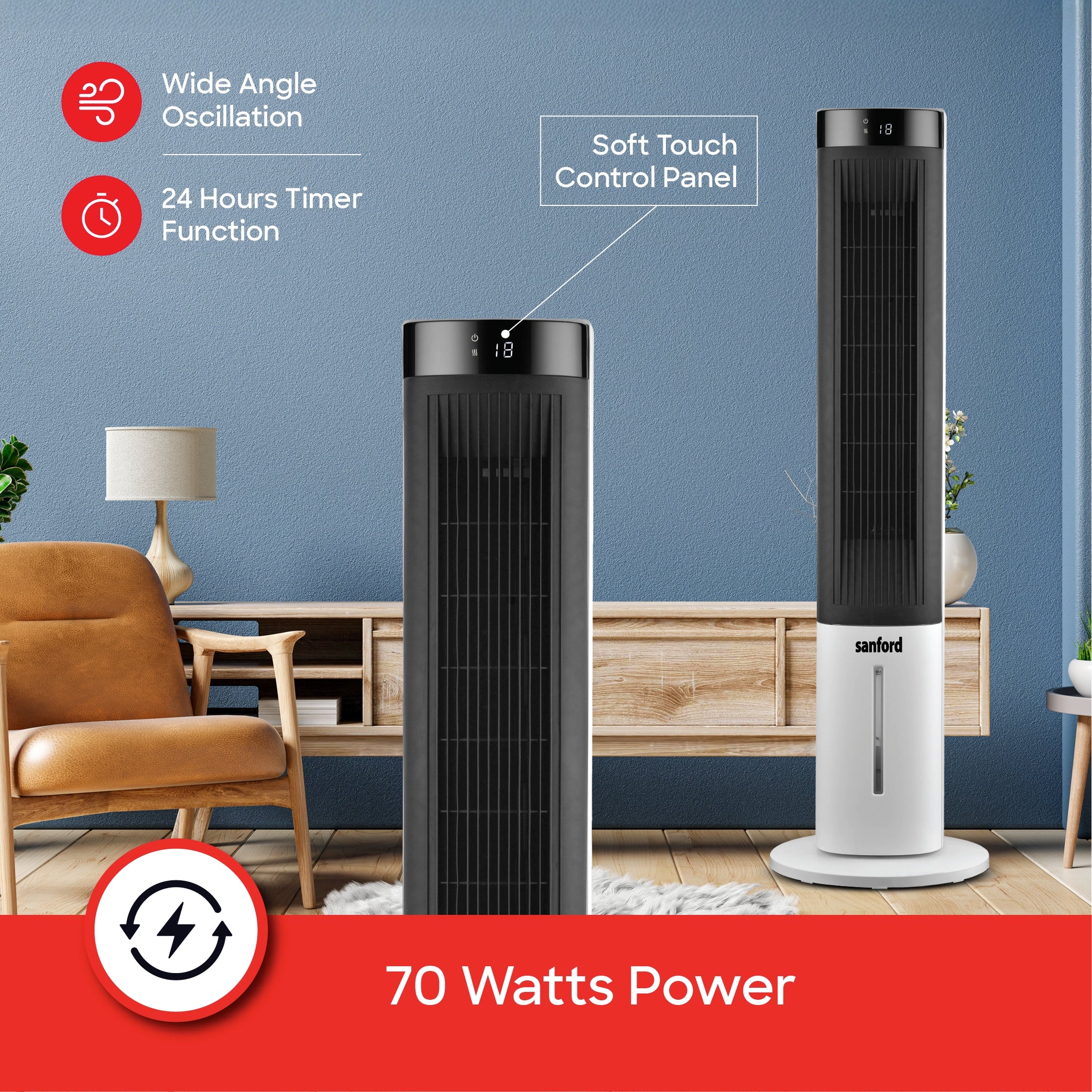 Sanford Portable Air Cooler 40 Inch 3 Speed & Oscillation SF6700TRF – 70 watts power with 3-fan speed oscillation, 8-hour timer function and soft touch function panel callout