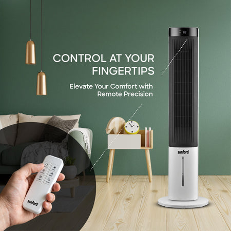 Sanford Portable Air Cooler 40 Inch 3 Speed & Oscillation SF6700TRF – control at your fingertips with remote control operation in living room setting