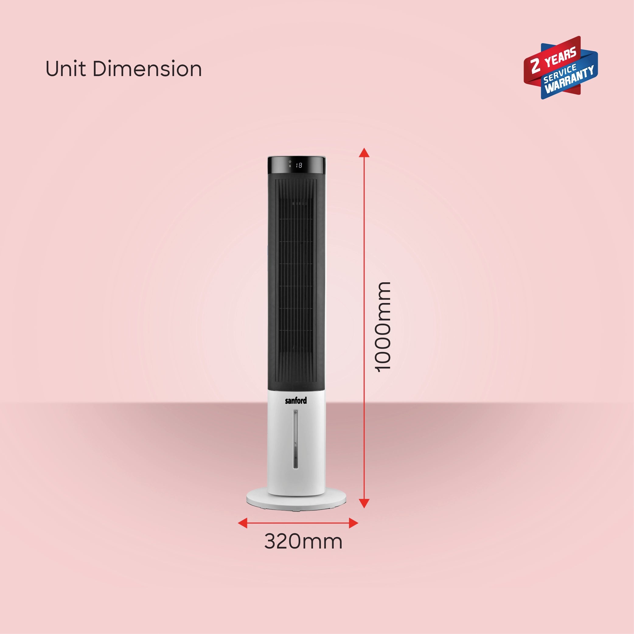 Sanford Portable Air Cooler 40 Inch 3 Speed & Oscillation SF6700TRF – unit dimensions on pink background