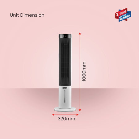Sanford Portable Air Cooler 40 Inch 3 Speed & Oscillation SF6700TRF – unit dimensions on pink background