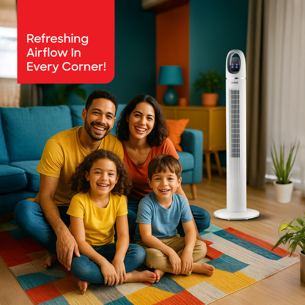 Sanford 45-Inch Tower Fan | Slim Design | 50W Power | LED Touch Display | 3 Speeds | 24H Timer | Remote Control | Wide Oscillation | Detachable Base | Quiet Operation - buysanford